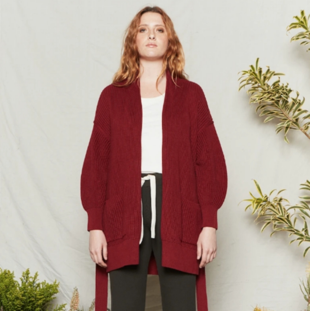 Back Beat Co organic cotton tie cardigan, size xs/s, color. Merlot